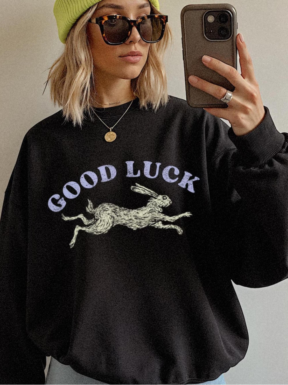 Vintage Good Luck Black Graphic Crew Sweatshirt with Hare Motif